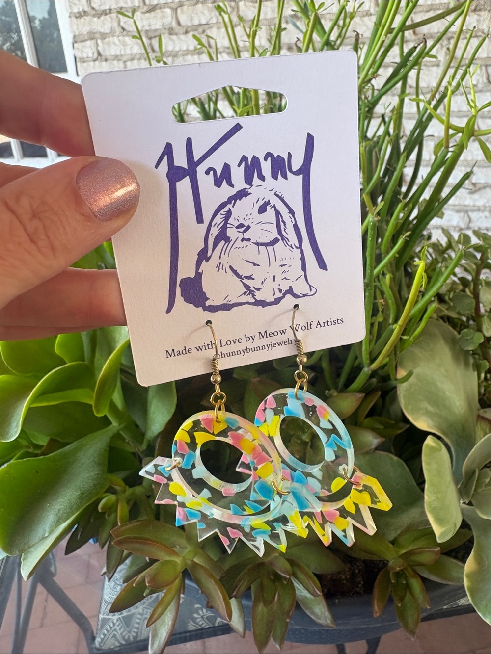 Meow Wolf Hunny Bunny Acrylic Statement Earrings NWT Confetti Geometric